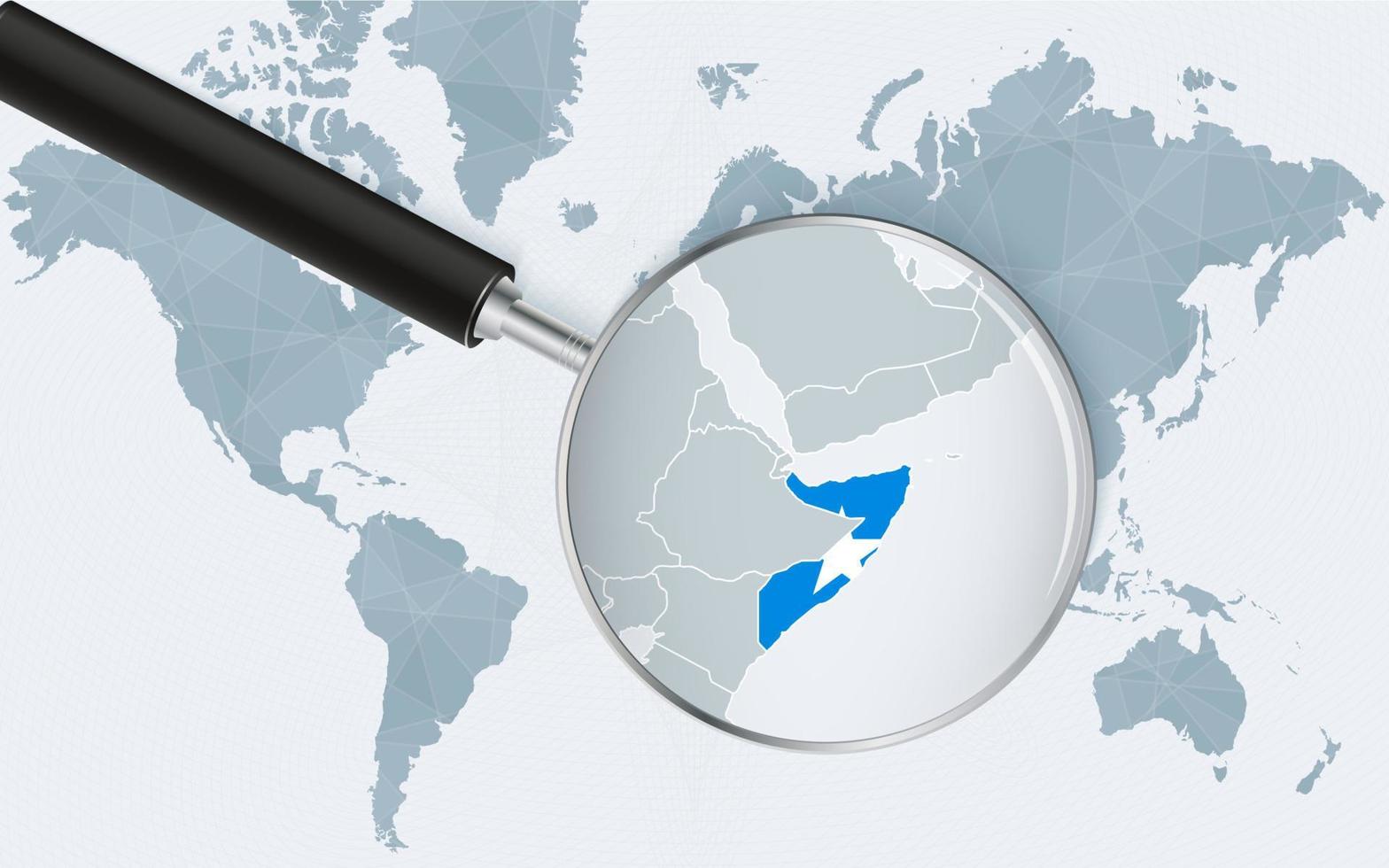 Weltkarte mit einer Lupe, die auf Somalia zeigt. Karte von Somalia mit der Flagge in der Schleife. vektor