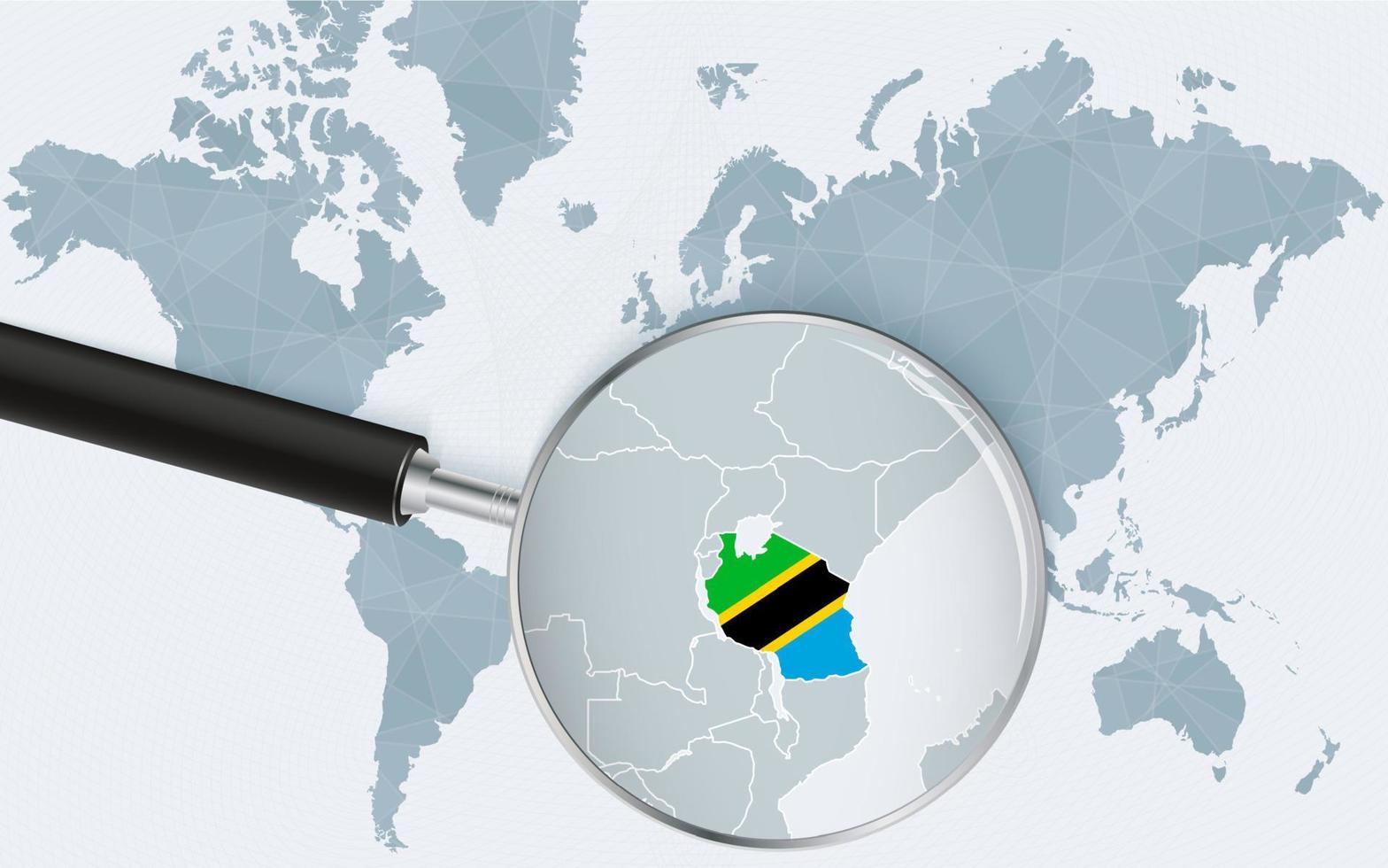 Weltkarte mit einer Lupe, die auf Tansania zeigt. Karte von Tansania mit der Flagge in der Schleife. vektor