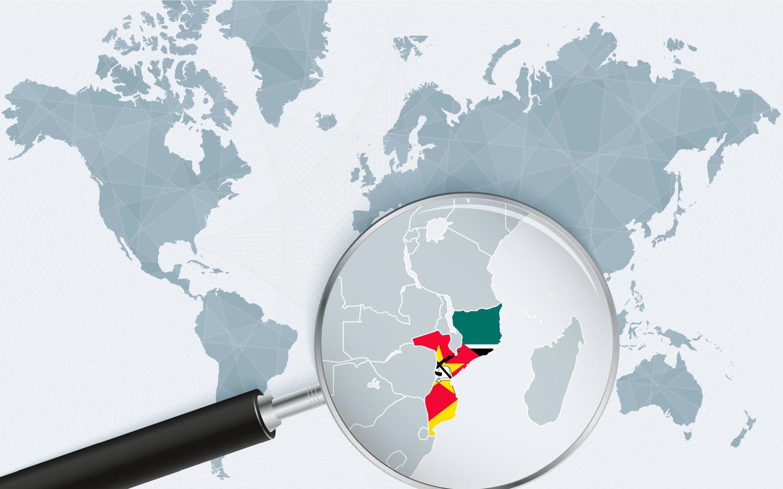 Weltkarte mit einer Lupe, die auf Mosambik zeigt. Karte von Mosambik mit der Flagge in der Schleife. vektor