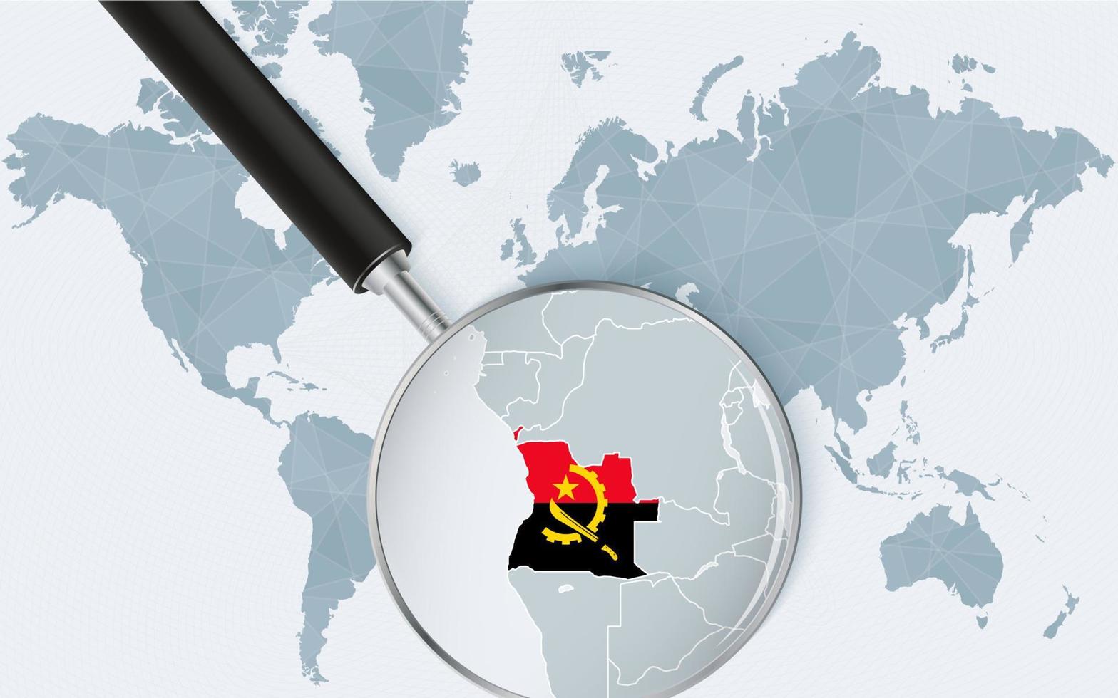 Weltkarte mit einer Lupe, die auf Angola zeigt. Karte von Angola mit der Flagge in der Schleife. vektor