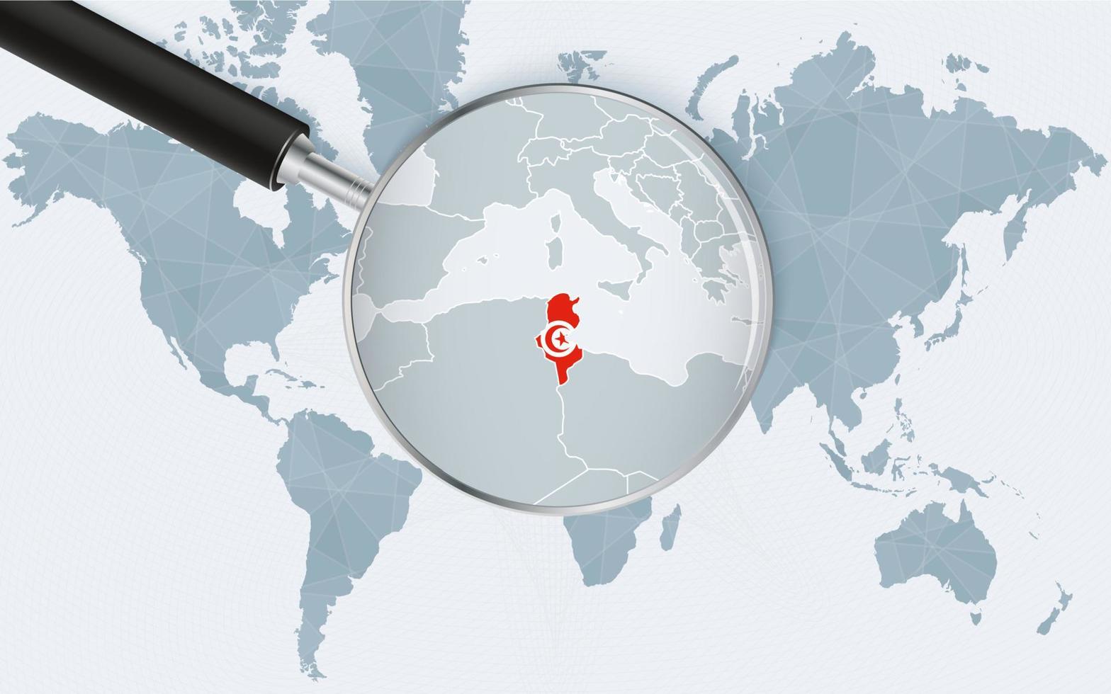 värld Karta med en förstorande glas pekande på tunisien. Karta av tunisien med de flagga i de slinga. vektor