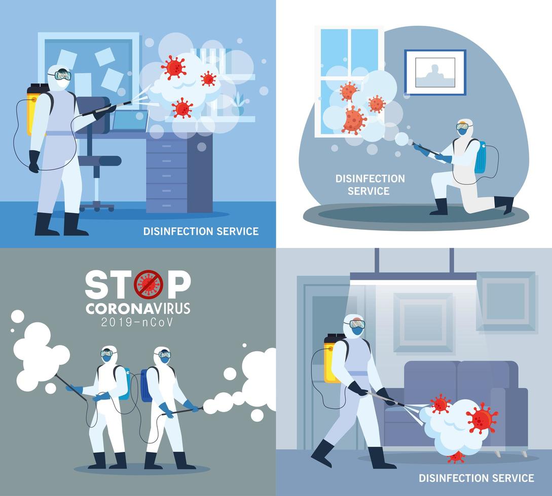 män med skyddsdräkt som sprutar kontorsrum med covid 19 vektordesign vektor