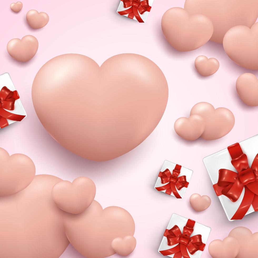 valentinstagplakathintergrund mit realistischem herz und geschenkbox vektor