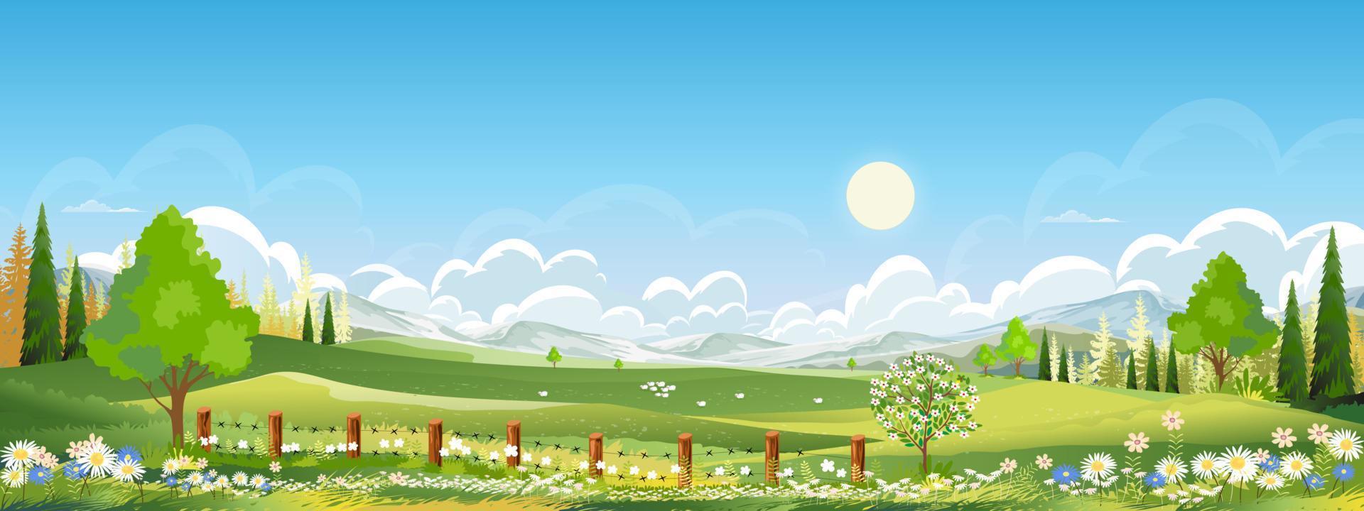 ländliche Bauernhoflandschaft des Naturfrühlings mit grünem Feld mit Wolke, blauer Himmel, Vektorhorizont natürliche ländliche Landschaft mit Waldbaum, Berge im sonnigen Tag, Karikaturvektor für Ostern, Frühling, Sommerfahne vektor