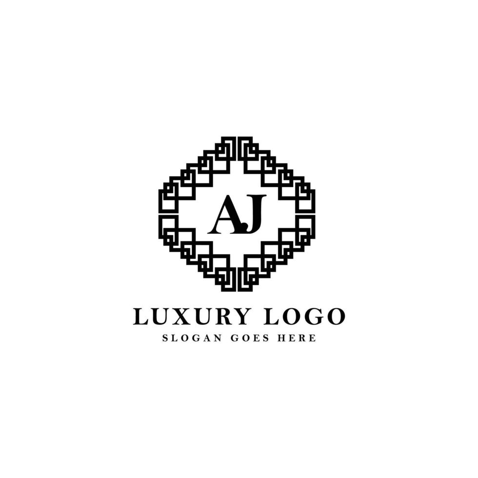 aj-anfangsbasiertes Vektorlogo. Serifen-Buchstabenlogo innerhalb eines komplexen Linienkunstrahmens. logo für luxusmode, schönheit, schmuck, produkt und unternehmen. vektor