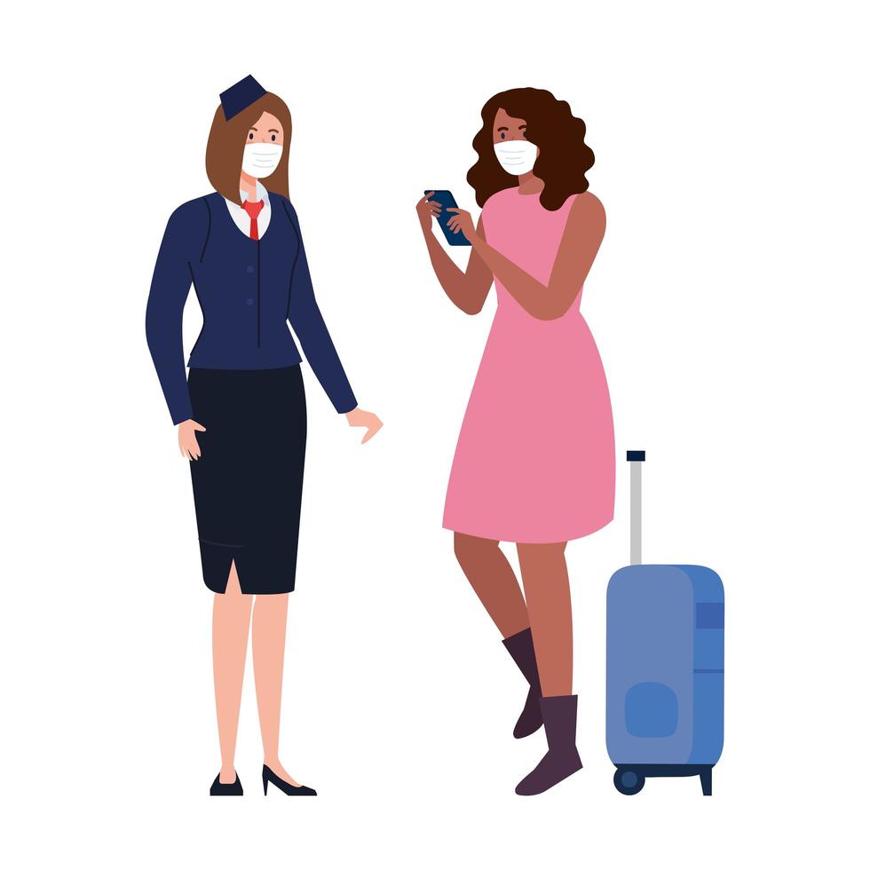 Stewardess und Frau mit medizinischer Maske und Taschenvektordesign vektor