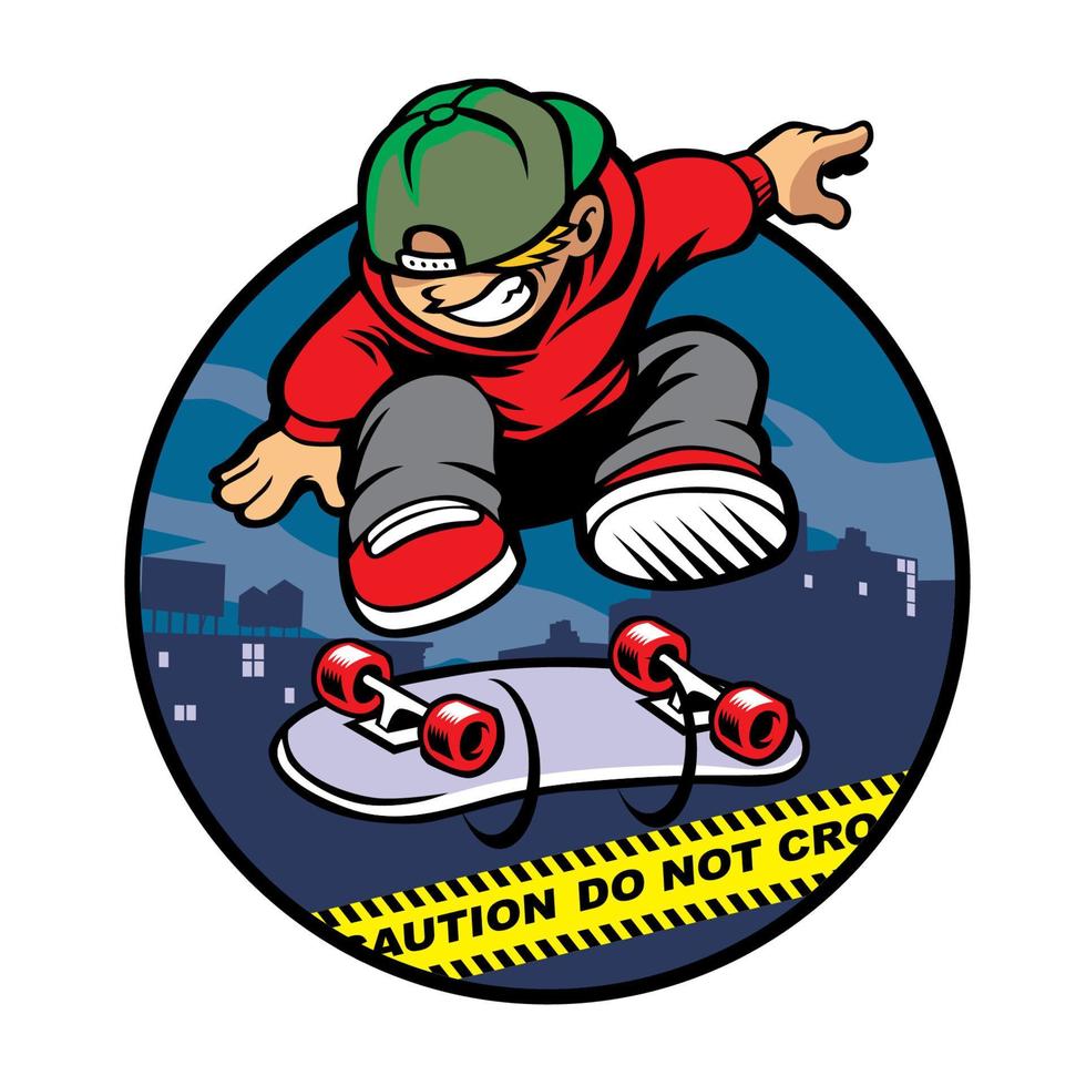 Skater-Junge, der Kickflip über Polizeilinien macht vektor