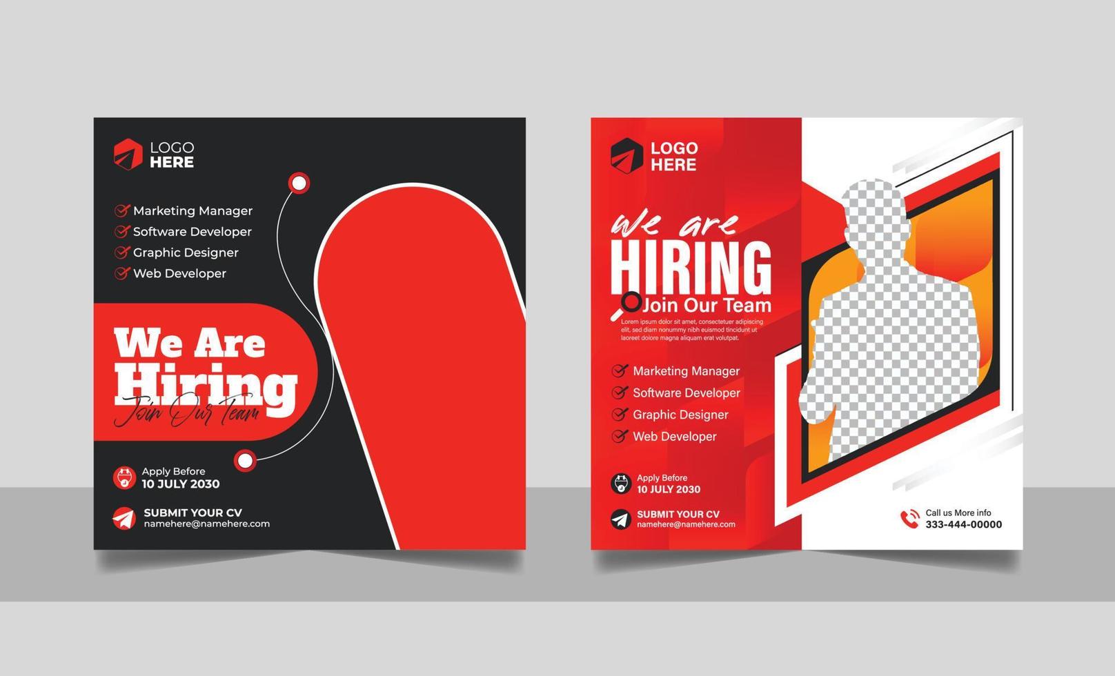 Wir stellen eine Bannervorlage für Stellenangebote in sozialen Medien mit schwarz-roter Farbe ein. Quadratisches Flyer-Design für die Rekrutierung von Unternehmensmitarbeitern. vektor