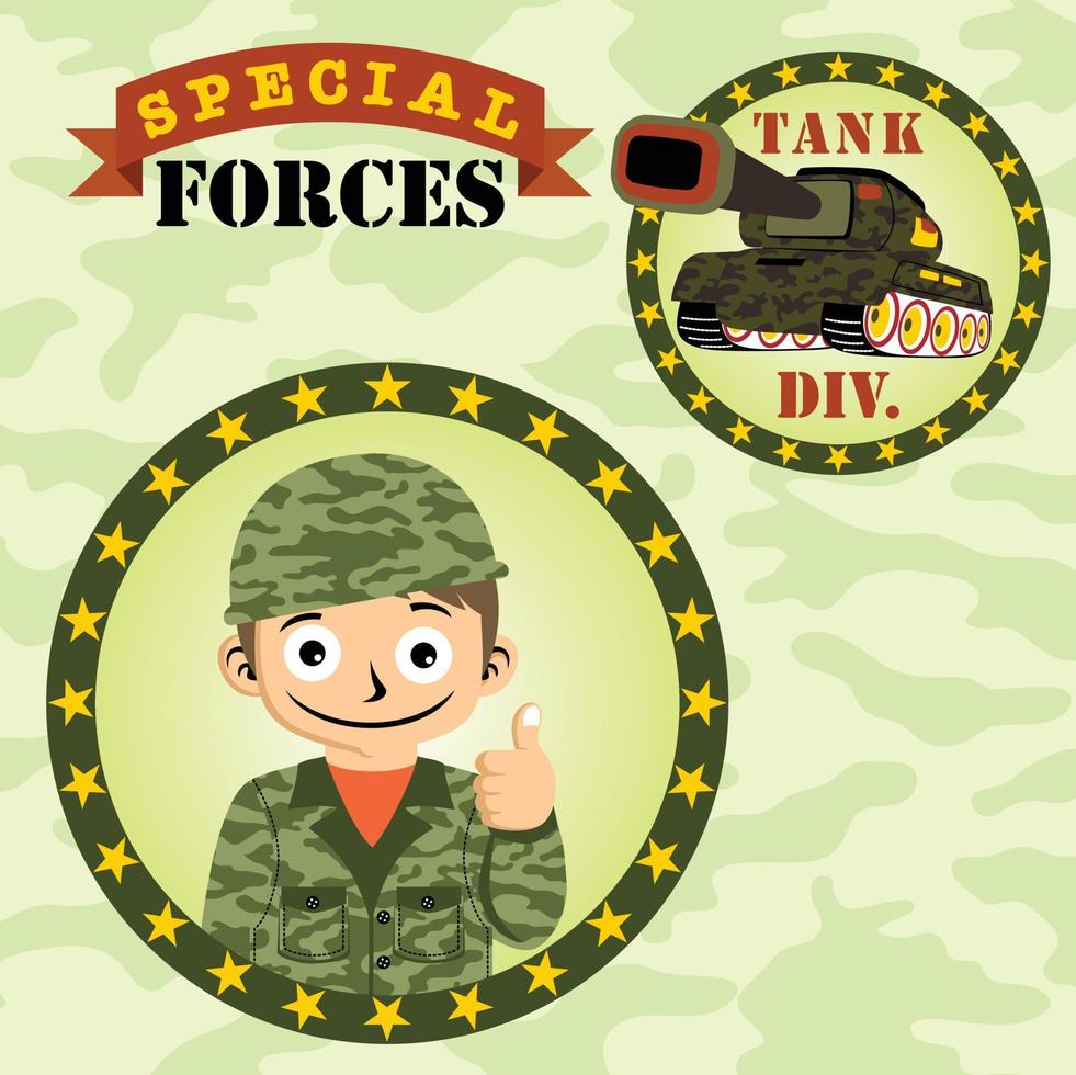 junger Soldat mit gepanzertem Fahrzeug auf Camouflage-Hintergrund, Vektor-Cartoon-Illustration vektor