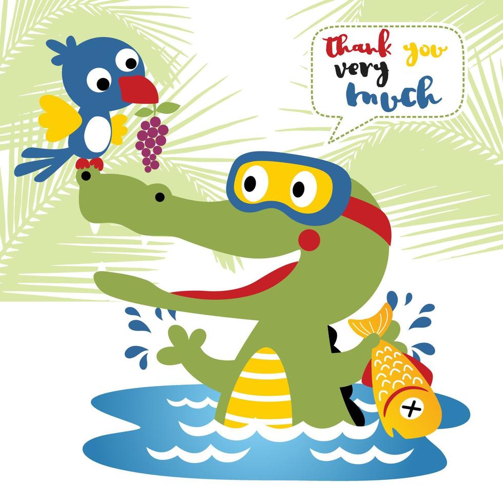 rolig krokodil bär dykning glasögon fångst fisk, liten fågel bärande druva, vektor tecknad serie illustration