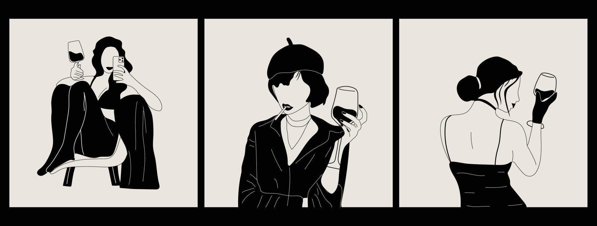 Satz von drei abstrakten Porträt einer Frau mit Gläsern Wein. Frau trinkt Wein. minimalistische Weinliebhaber. trendige vektorillustration im monochromen stil vektor