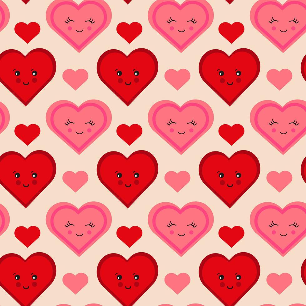 sömlös mönster med rosa och röd hjärtan annorlunda känslor och design. leende hjärta. vektor retro textur.