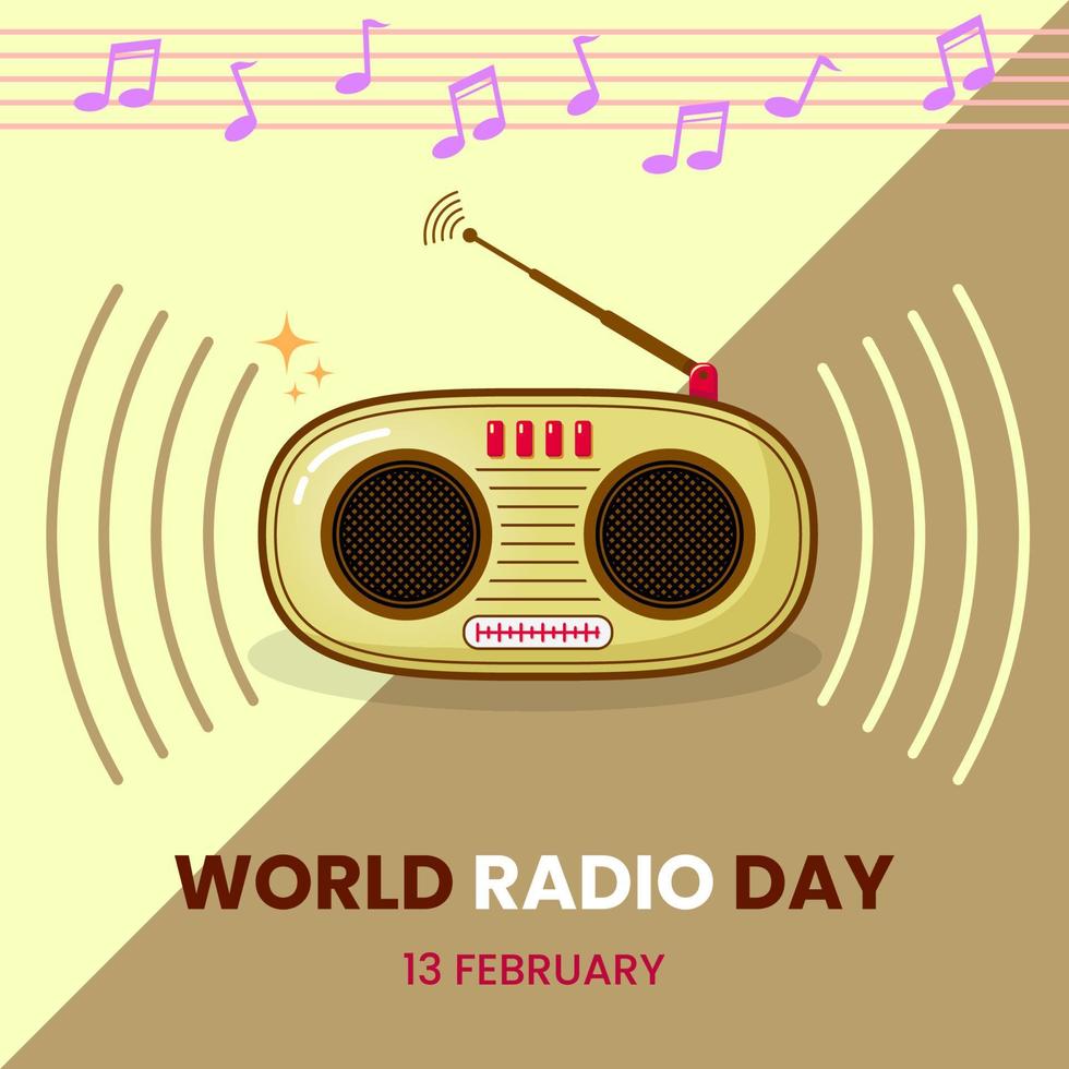 Braune Radioikone mit Musiksymbol für Designtempel des Weltradiotages. einfaches, klassisches und flaches konzept. gelb, braun und weiß. verwendet für symbol, symbol, zeichen oder grußkarte vektor