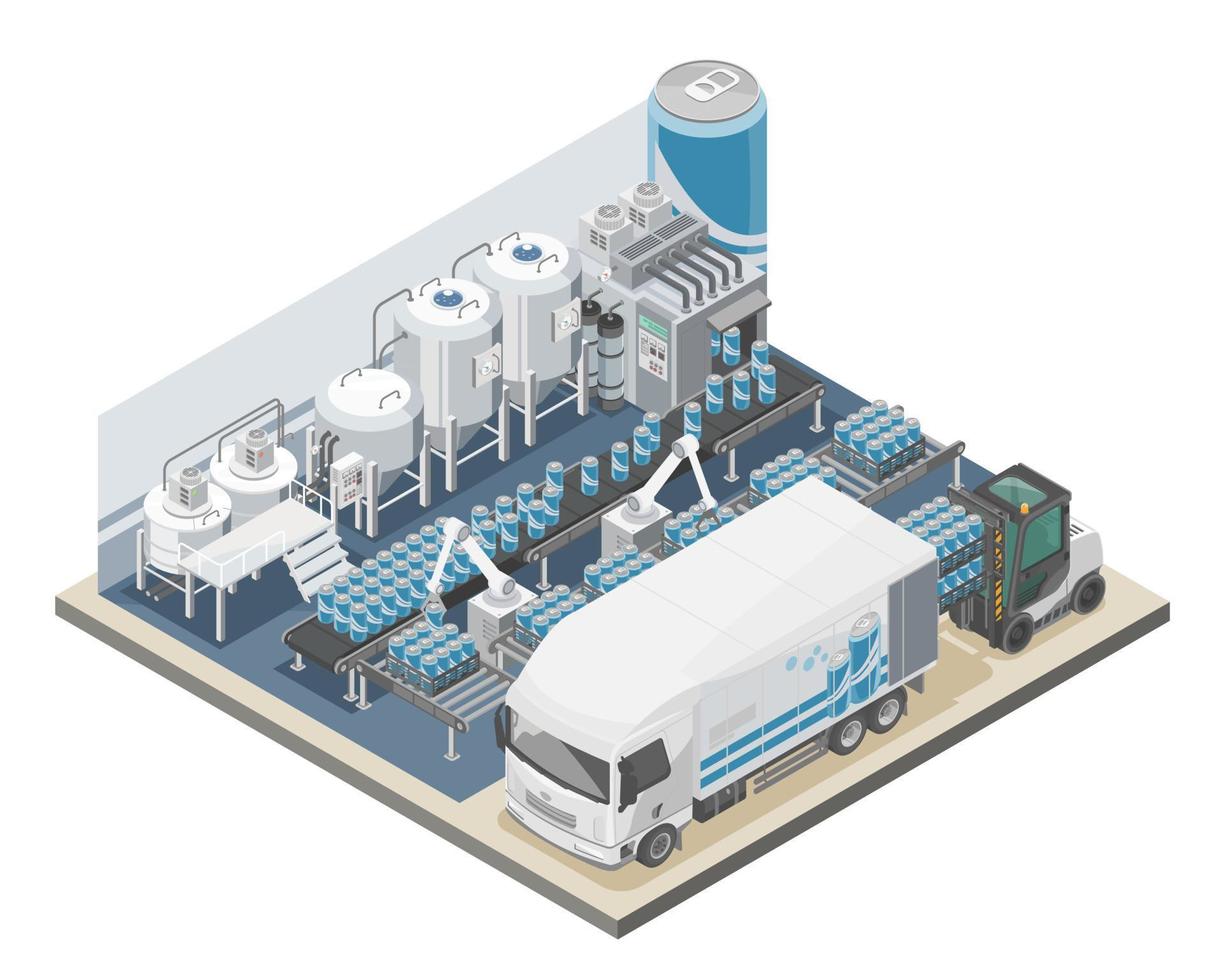 produktion av mjuk dryck producera fabrik USD robot ärm med logistisk lastbil cpg industri tecknad serie begrepp konsument förpackade varor mat och dryck isometrisk i blå Färg isolerat illustration vektor