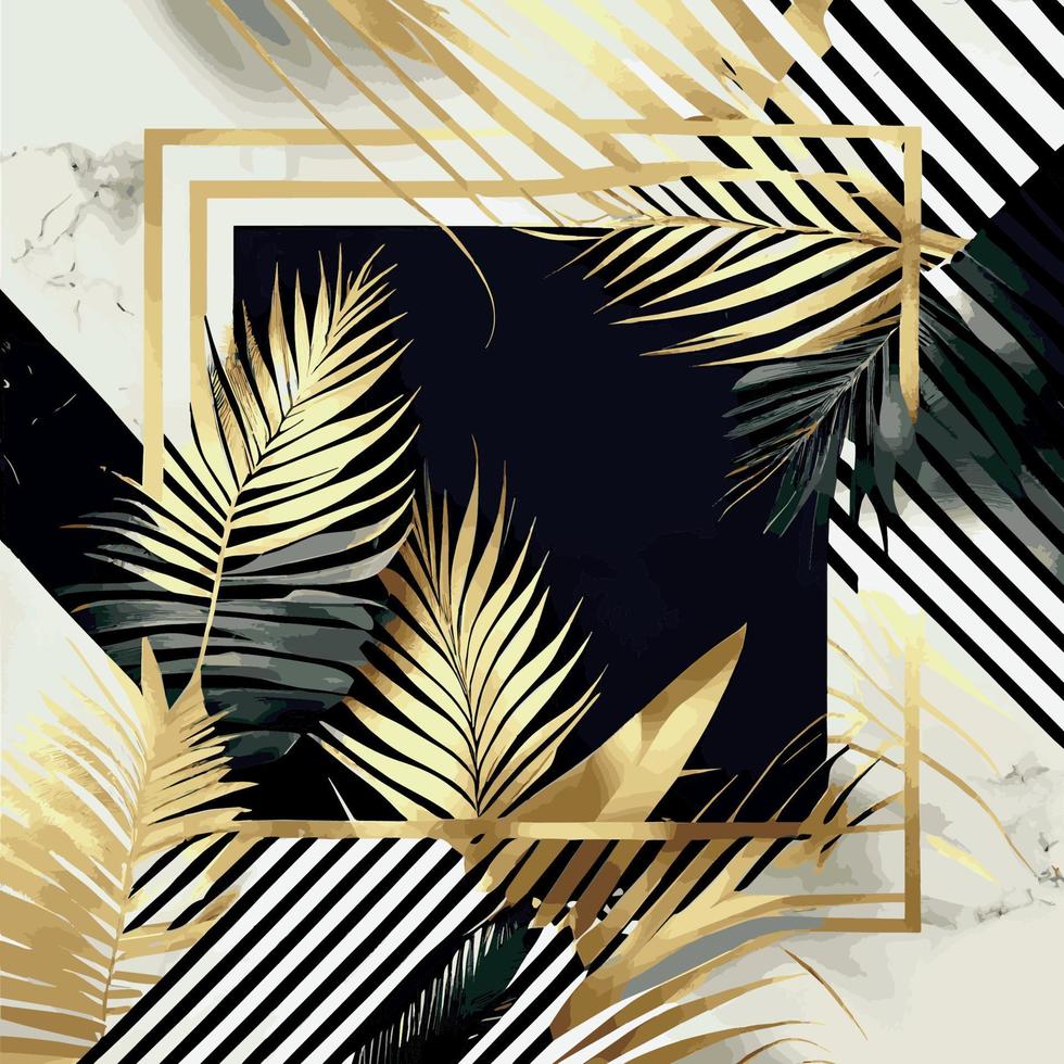 goldene palmblätter auf weißem und schwarzem marmorhintergrund, vorlage, postkarte - vektor