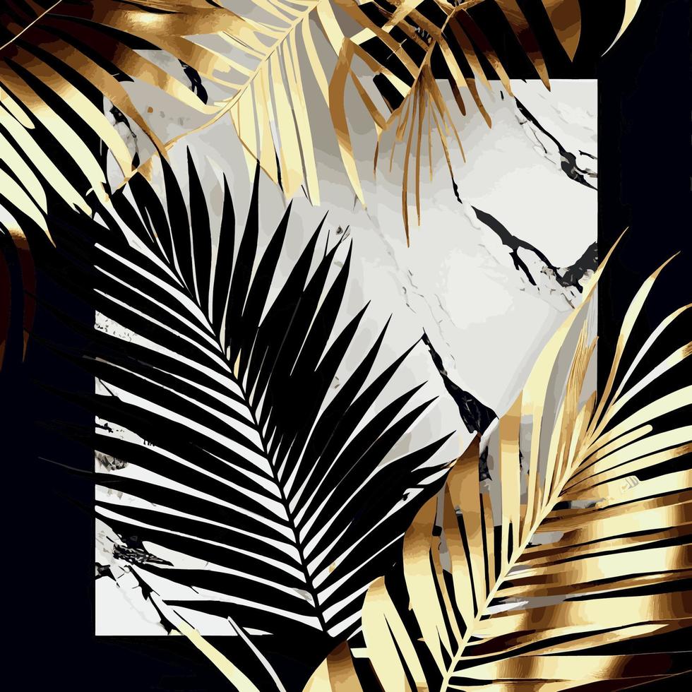gyllene handflatan löv på vit och svart marmor bakgrund, mall, vykort - vektor