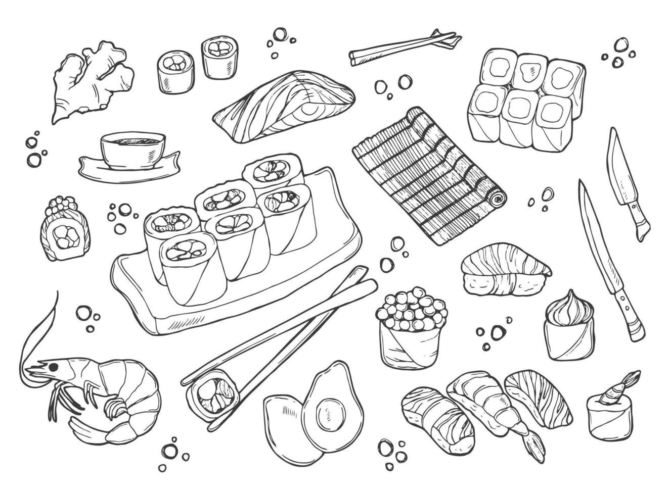 Sushi und Brötchen im Doodle-Stil. Gerichte der traditionellen japanischen Küche - Nigiri, Temaki, Tamago, Sashimi, Uramaki, Futomaki. Vektorzeichnung isoliert auf weißem Hintergrund für asiatische Restaurantkarte. vektor