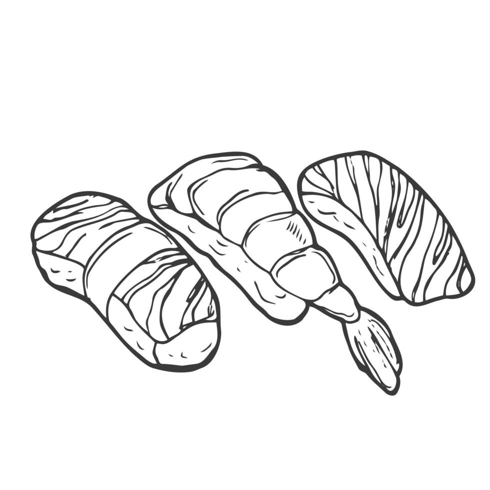 hand gezeichnetes gekritzelset mit sushi. vektorillustration für hintergründe, textildrucke, menü, web und grafikdesign vektor