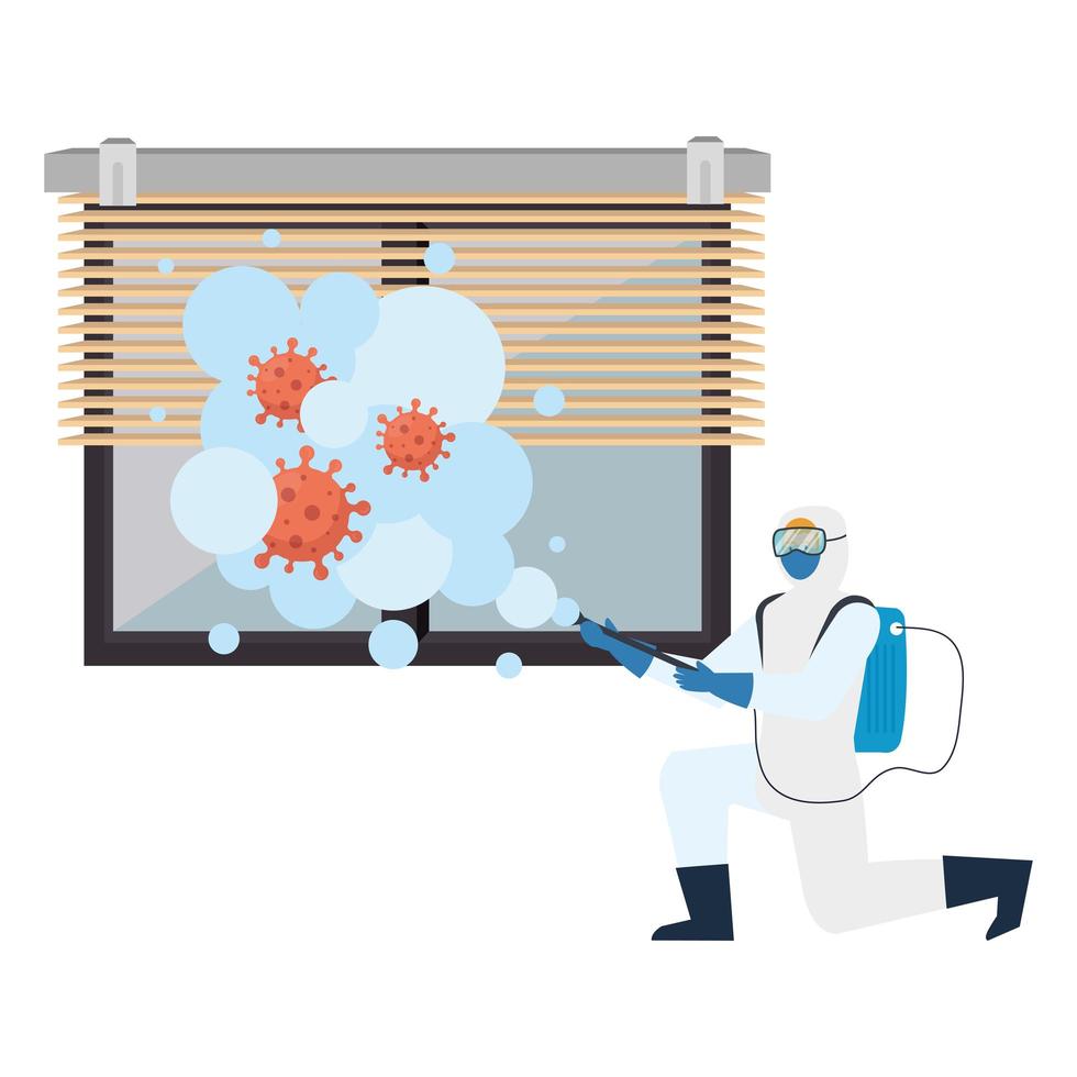 Mann mit Schutzanzug Sprühfenster mit Covid 19 Virus Vektor Design