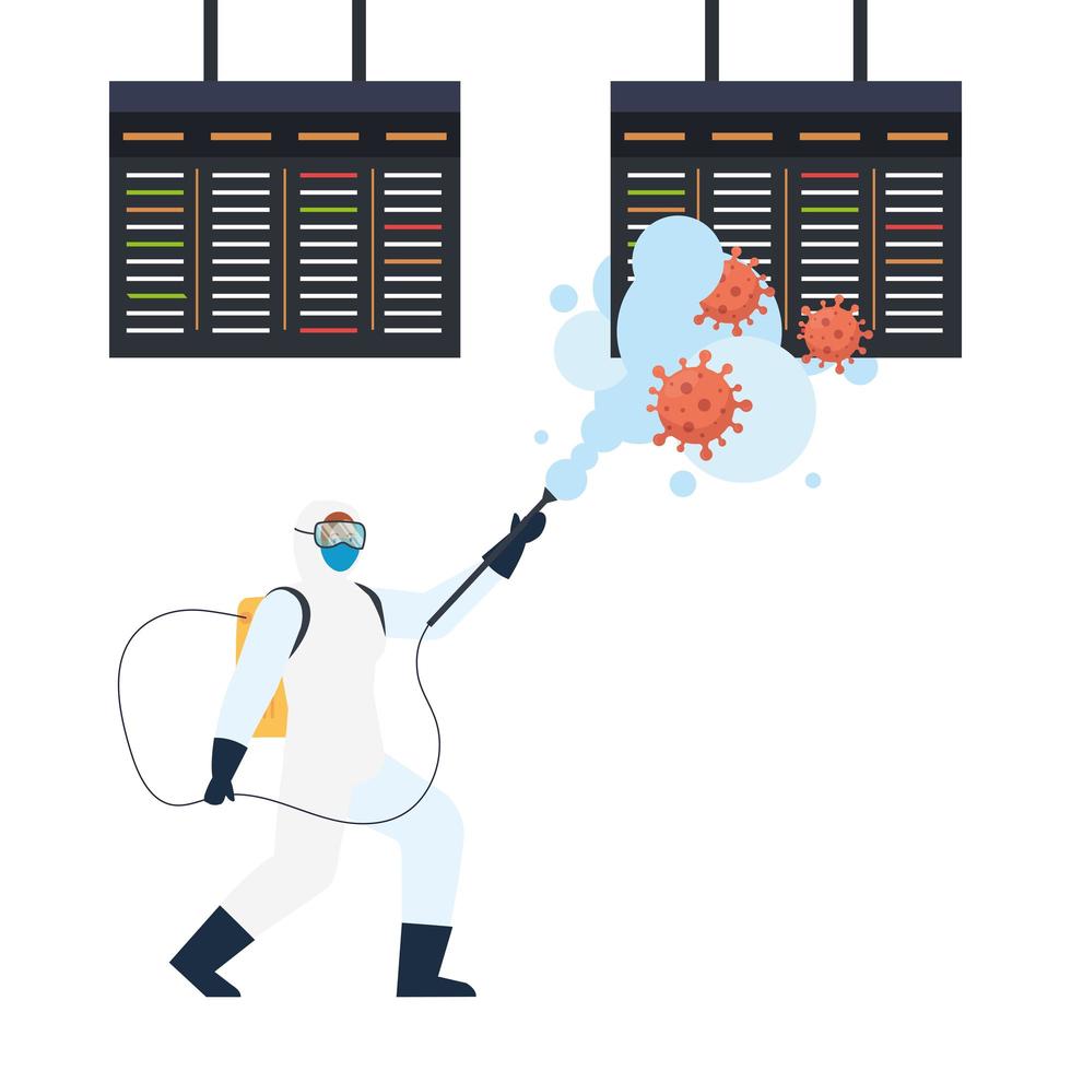 Mann mit Schutzanzug sprüht Flughafenbretter mit covid 19 Virusvektorentwurf vektor