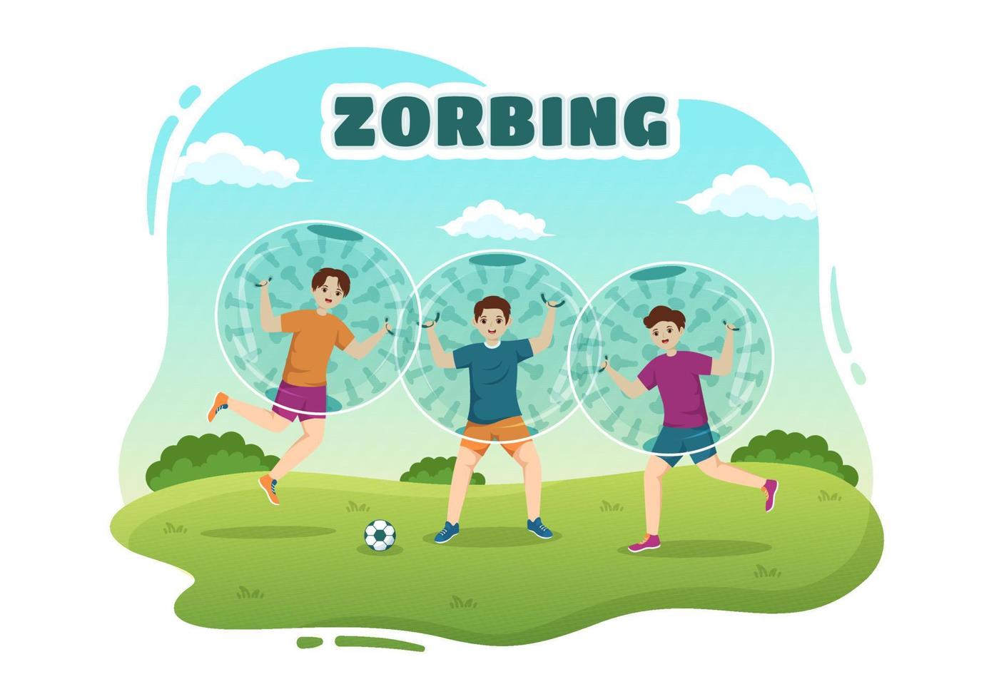 zorbing illustration med människor spelar bubbla stöta på grön fält eller slå samman för webb baner eller landning sida i platt tecknad serie hand dragen mallar vektor
