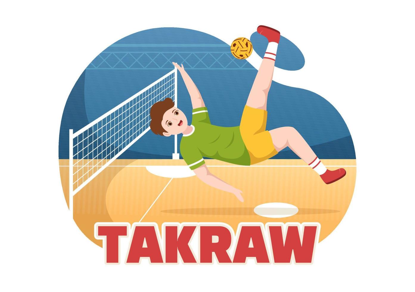 sepak takraw illustration mit dem athleten, der kickball auf dem platz in der flachen sportspielwettbewerbs-karikaturhand spielt, die für die zielseitenvorlage gezeichnet wird vektor