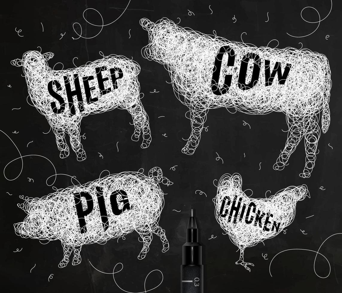 Federhandzeichnung Gewirr wilde Tiere Huhn, Kuh, Schwein, Schaf, mit Inschriftnamen von Tieren, die mit weißer Tinte auf schwarzem Hintergrund zeichnen vektor