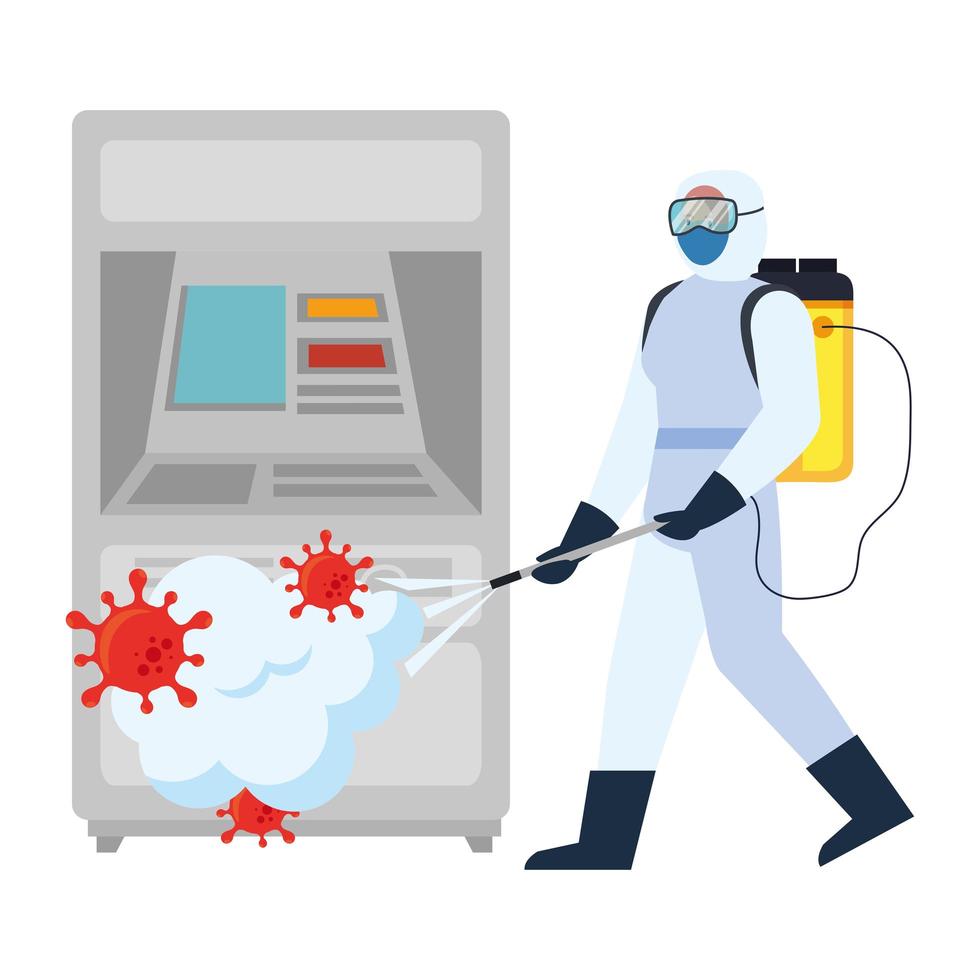 man med skyddsdräkt som sprutar bankomat med covid 19-virusvektordesign vektor