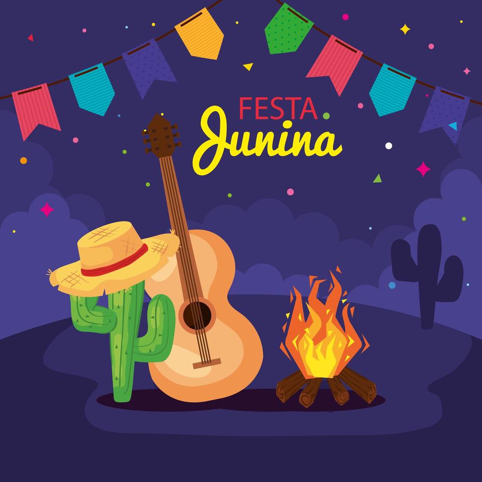 Festa Junina mit Gitarre und Dekoration, Brasilien Juni Festival, Feier Dekoration vektor