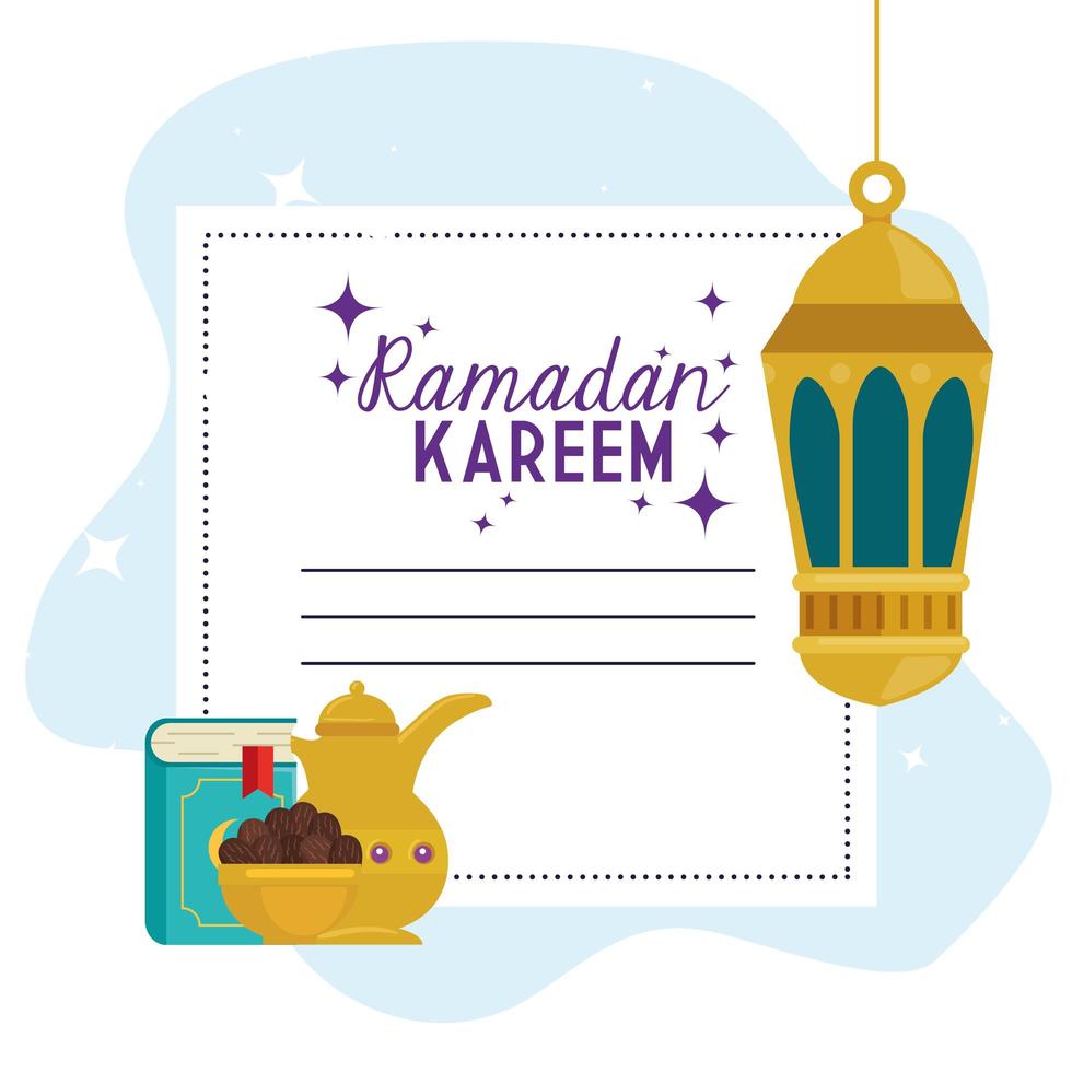 ramadan kareem islamiskt kort, gyllene lyktor hängande med gyllene föremål vektor