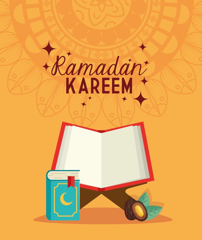 ramadan kareem islamiska kort, bok koran öppen och datum frukt vektor