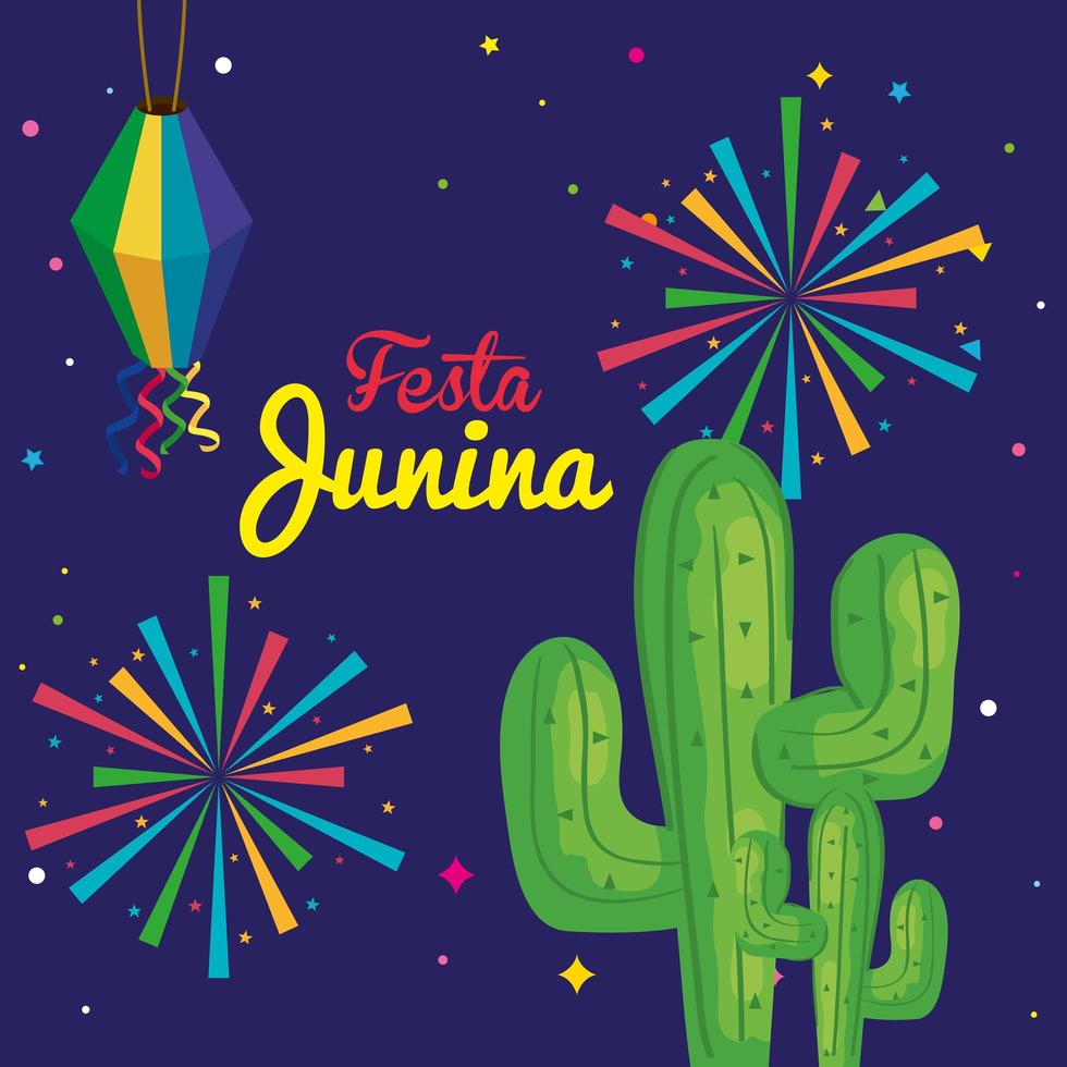 festa junina med kaktus och dekoration, Brasilien juni festival, fest dekoration vektor