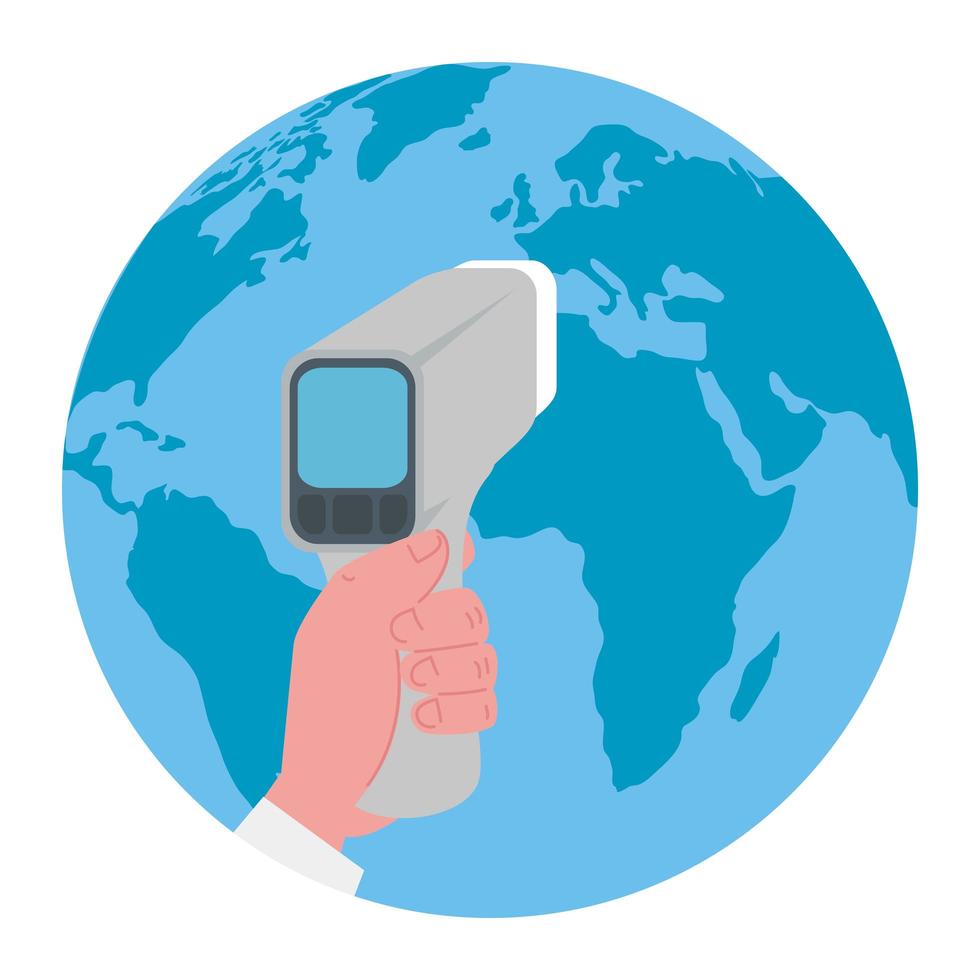 Hand mit digitalem berührungslosem Infrarot-Thermometer, mit Weltplaneten Erde, Prävention der Coronavirus-Krankheit 2019 ncov vektor