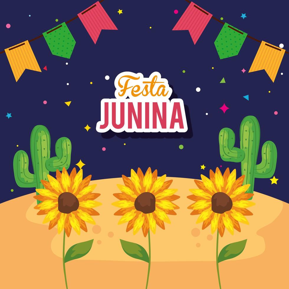 Festa Junina mit Sonnenblumen und Dekoration, Brasilien Juni Festival vektor
