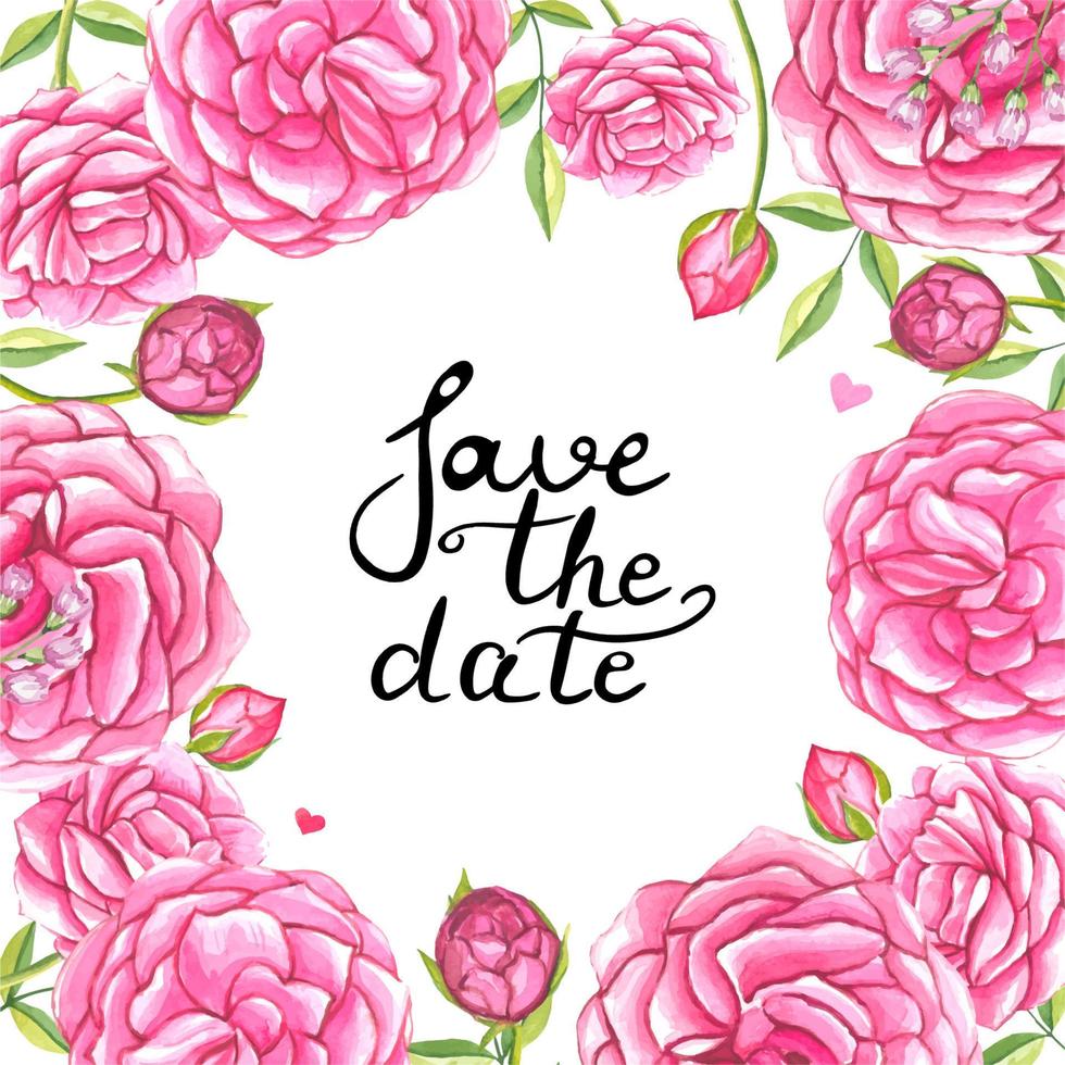 inbjudan kort med vattenfärg rosa rosor. spara de datum på ro bakgrund. vektor