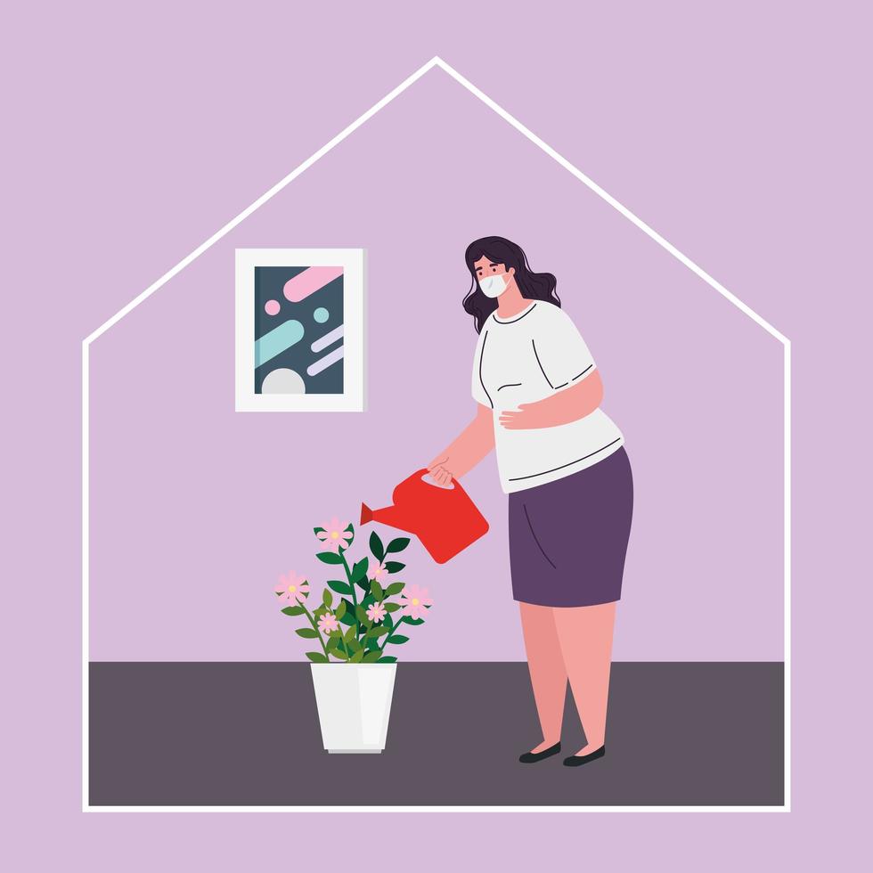 Bleib zu Hause, Frau mit medizinischer Maske, Frau, die Pflanzen gießt, Quarantäne oder Selbstisolation vektor