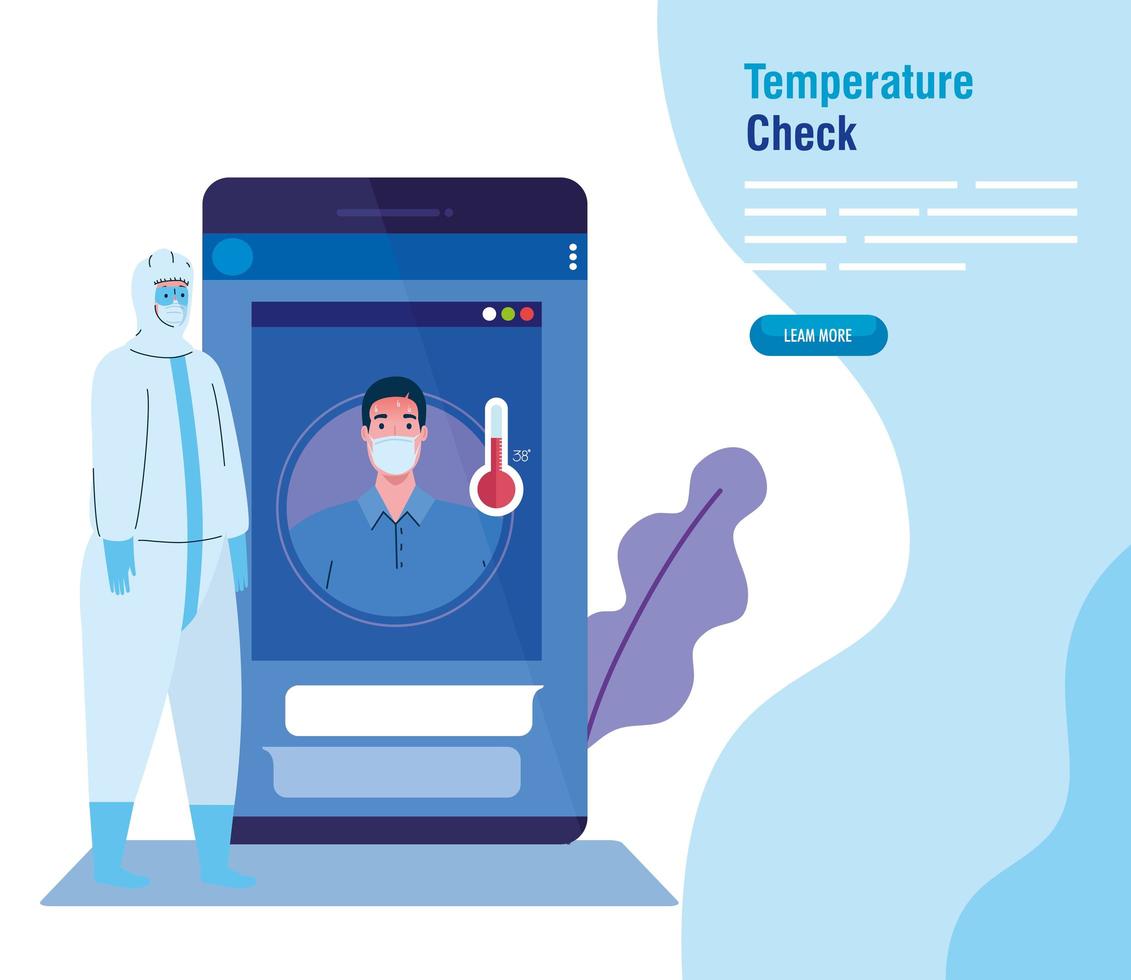 temperaturkontroll med beröringsfri termometer och smartphone, kontroll av ny teknik vektor