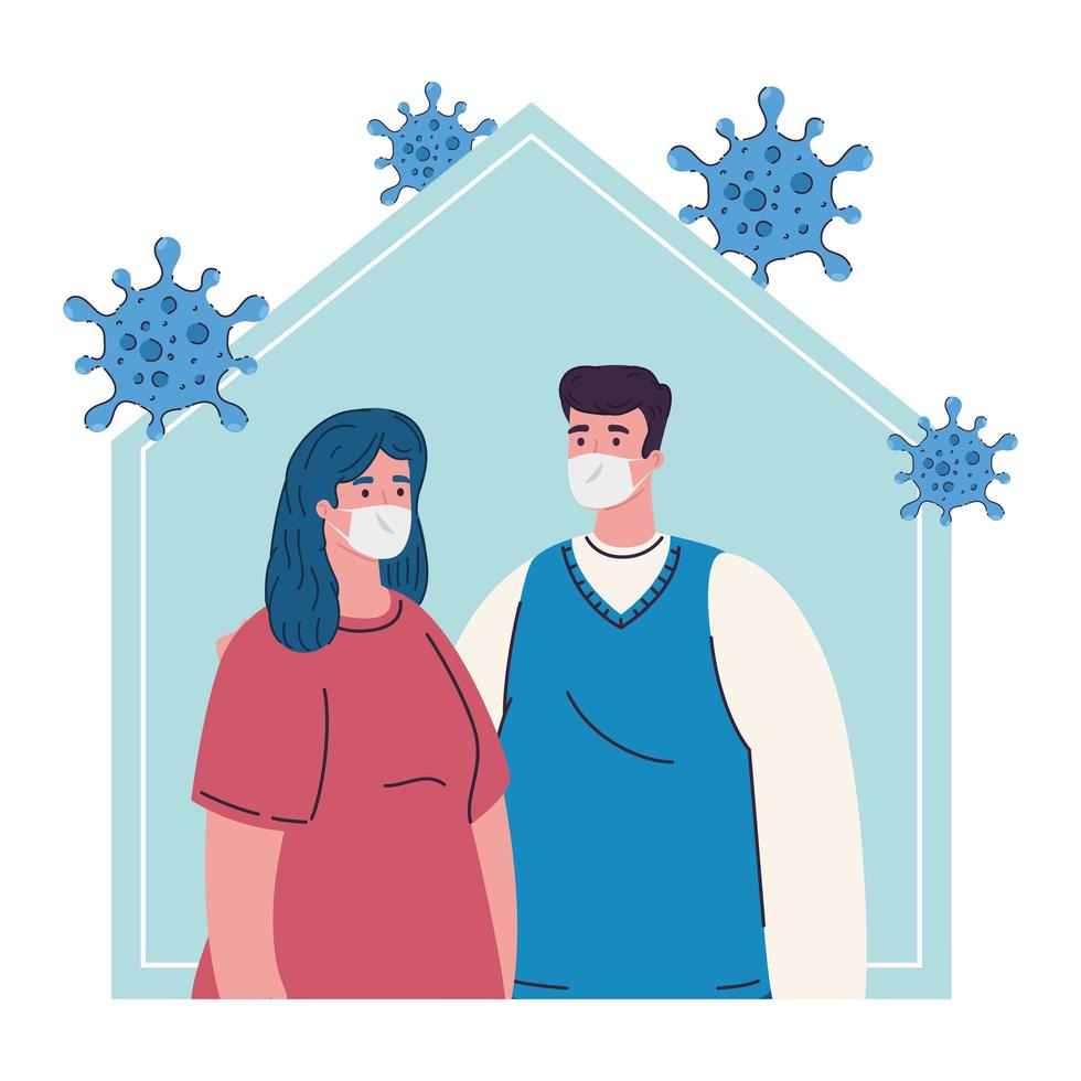 zu Hause bleiben, Paar mit medizinischer Maske, Quarantäne oder Selbstisolation, Gesundheitskonzept vektor