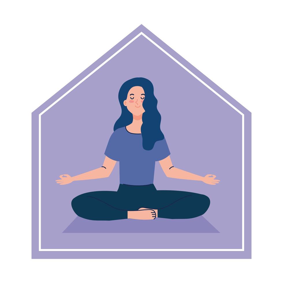 stanna hemma, kvinna som mediterar, koncept för yoga, meditation, koppla av, hälsosam livsstil vektor