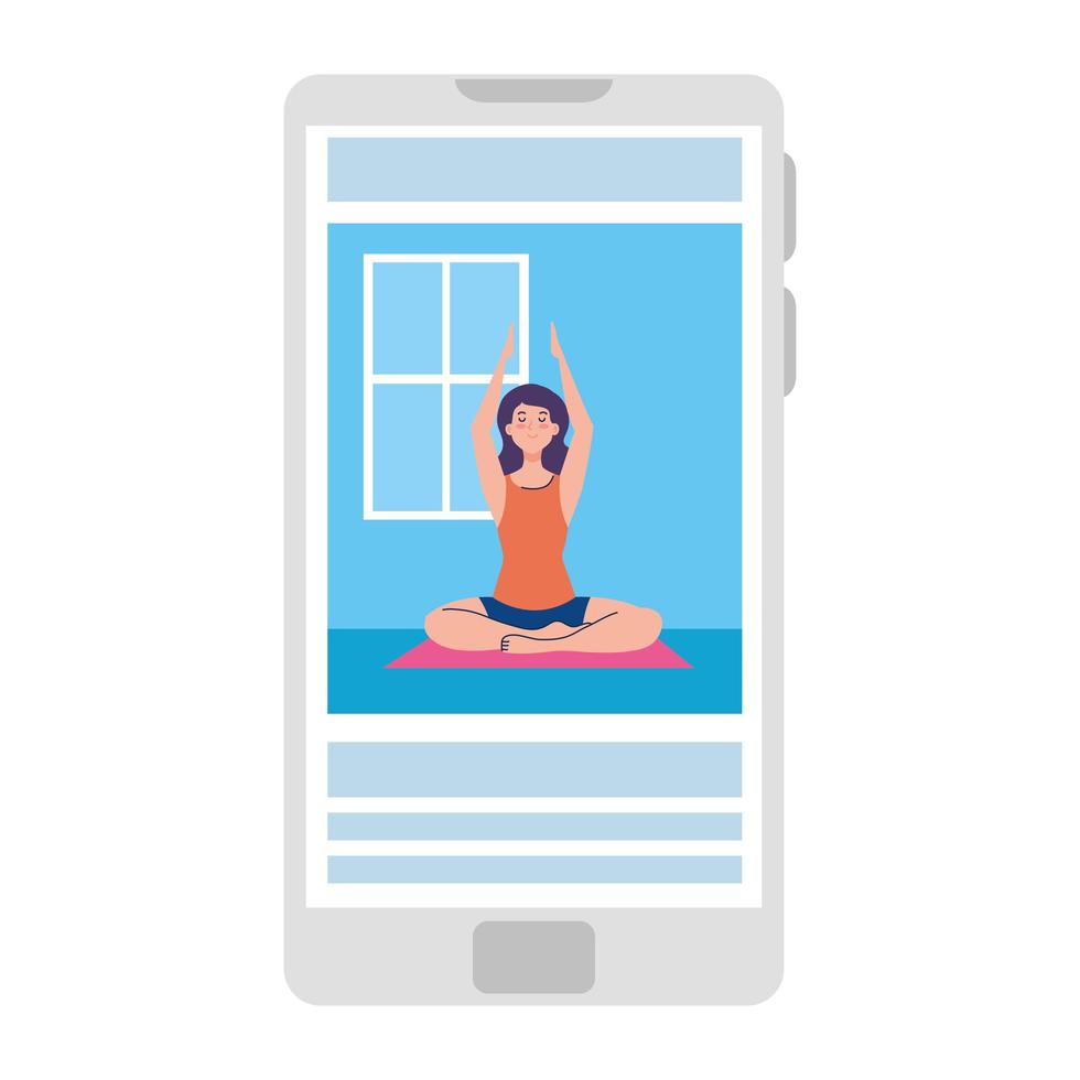 online, yogakoncept, kvinna tränar yoga och meditation, tittar på en sändning på en smartphone vektor