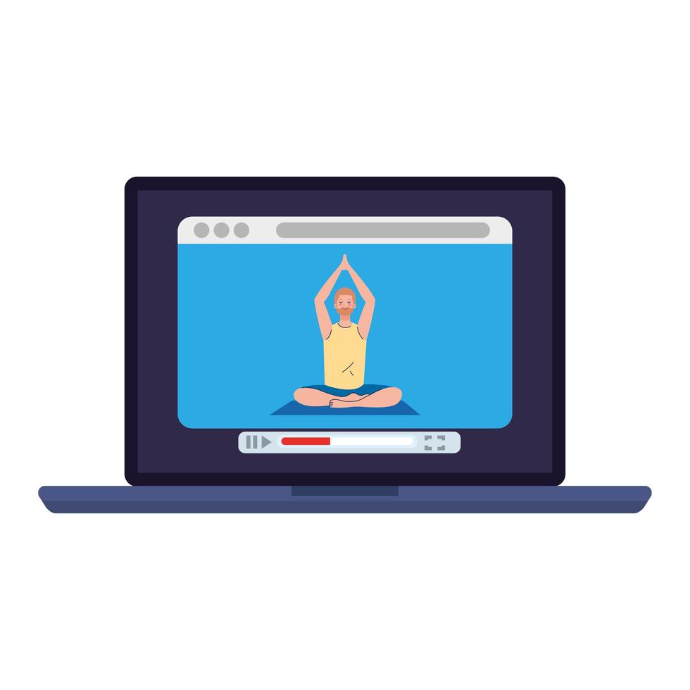 Online, Yoga-Konzept, praktiziert der Mensch Yoga und Meditation und sieht sich eine Sendung auf einem Laptop an vektor