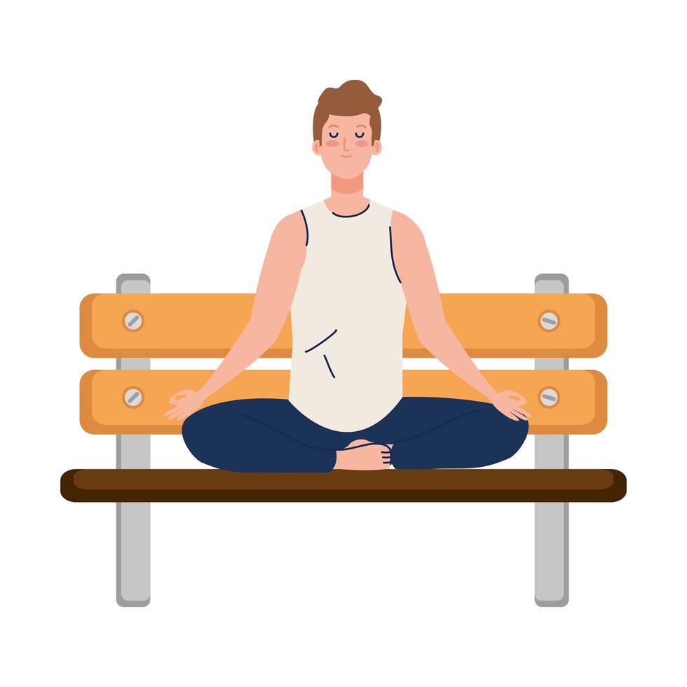 man som mediterar sitter i parkera trästol, koncept för yoga, meditation, koppla av, hälsosam livsstil vektor