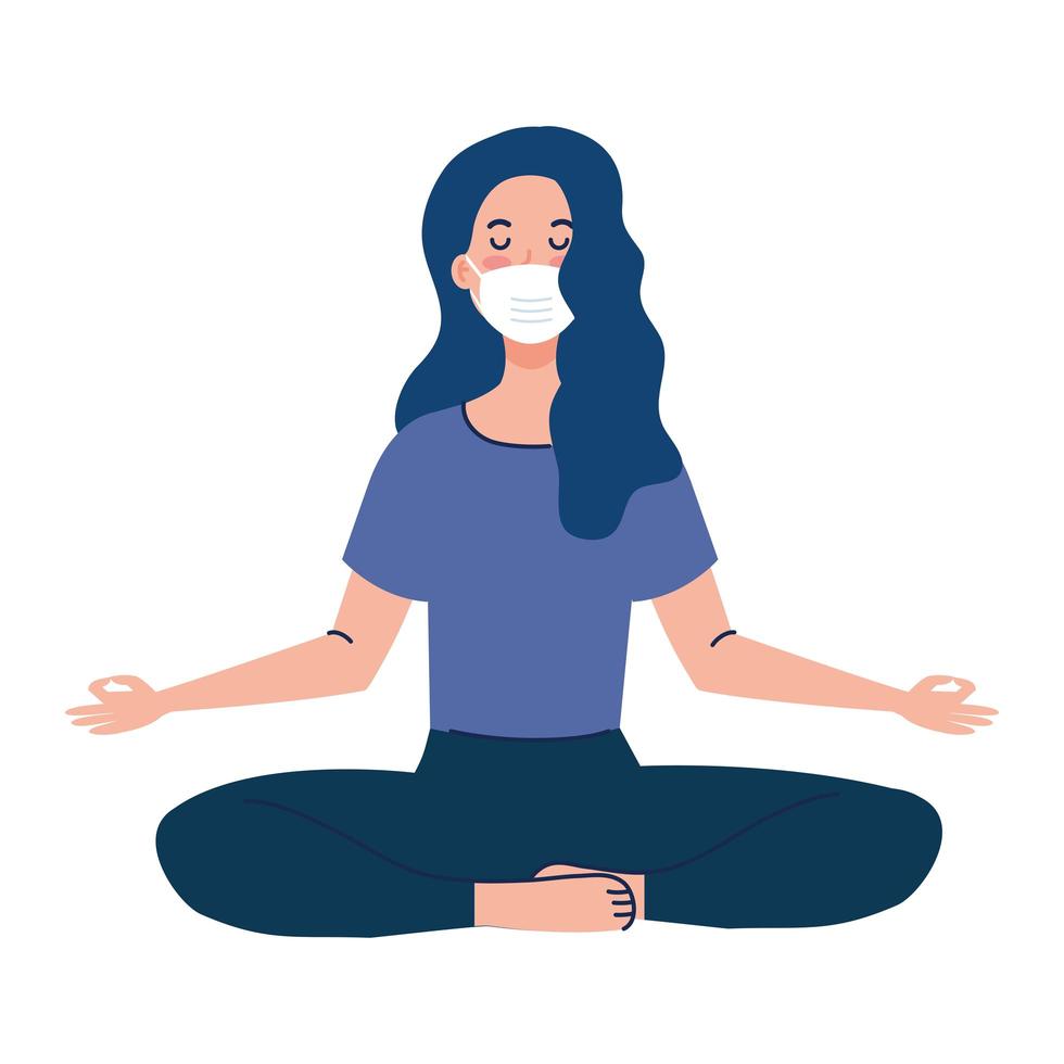 Frau meditiert mit medizinischer Maske gegen Covid 19, Konzept für Yoga, Meditation, Entspannung, gesunden Lebensstil vektor