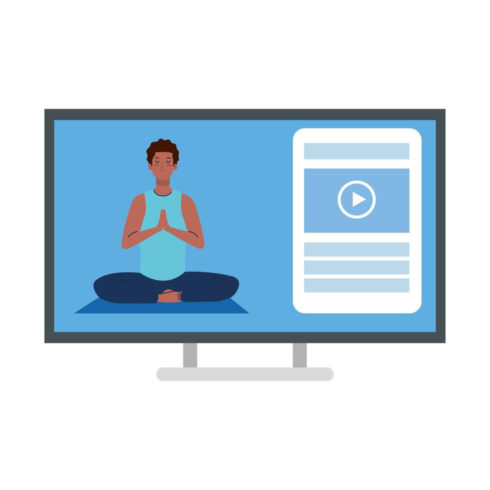 online, yogakoncept, man afro tränar yoga och meditation, tittar på en sändning på en dator vektor