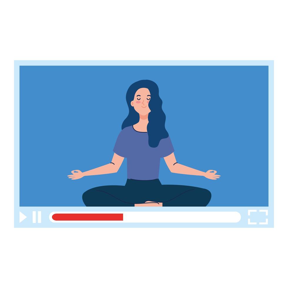 online, yogakoncept, kvinna övar yoga och meditation, tittar på en sändning på en webbsida vektor