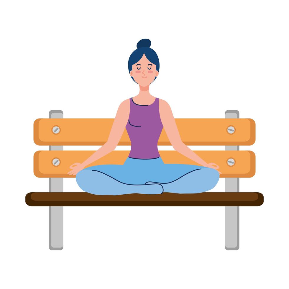 kvinna som mediterar sittande i parkera trästol, koncept för yoga, meditation, koppla av, hälsosam livsstil vektor