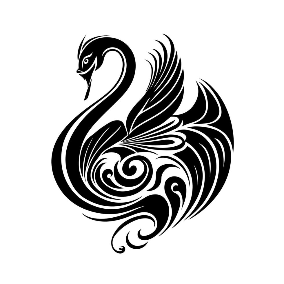 söt dekorativ svart svan. dekorativ, svartvit illustration för logotyp, emblem, maskot, broderi, trä brinnande, hantverk. vektor