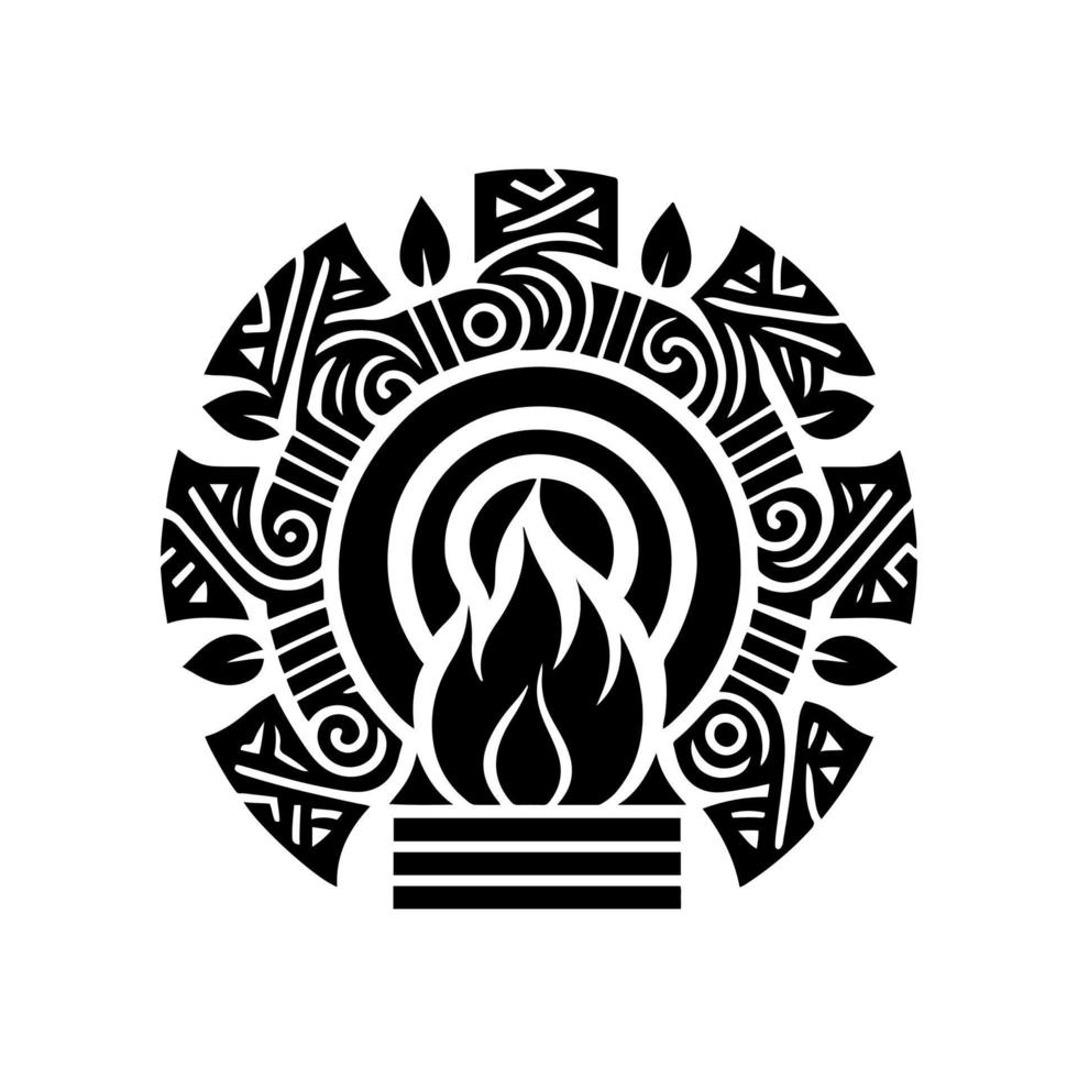 ein Lagerfeuer mit aztekischen Ornamenten. dekorative illustration für logo, emblem, stickerei, holzverbrennung, handwerk. vektor