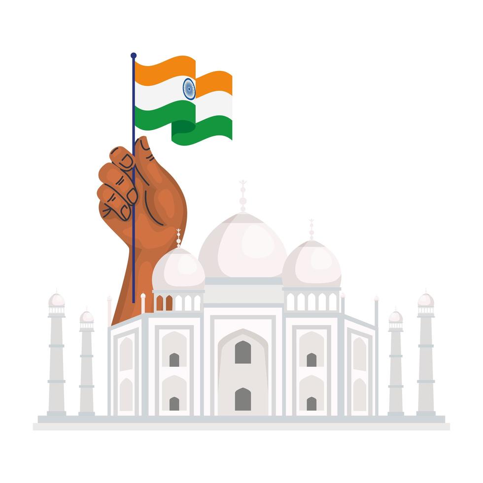 taj mahal, berömt monument och hand med indiens flagga vektor