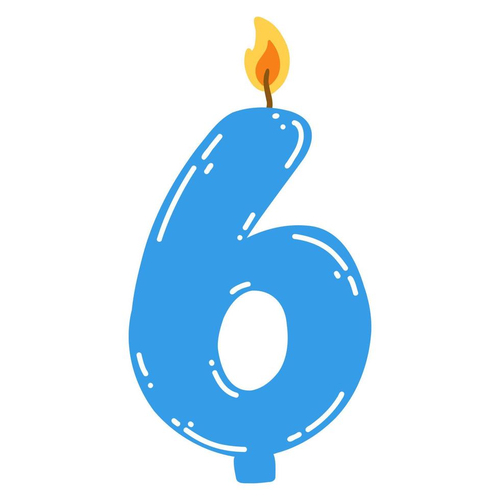 Kerze Nummer sechs im flachen Stil. handgezeichnete Vektorgrafik von brennenden Kerzen mit 6 Symbolen, Gestaltungselement für Geburtstagskuchen vektor